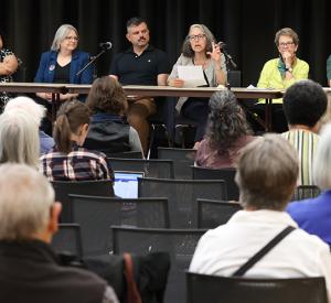 Pictured from left, panelists Sangita Gopal, Michael Hames Garcia, Michelle McKinley, Vickie DeRose, Ernesto Martinez, Ellen Herman, Margaret Hallock, Priscilla Ovalle, Tannaz Farsi, and Marilyn R. Farwell discuss what over time has shaped the identity of CSWS as a feminist research center.