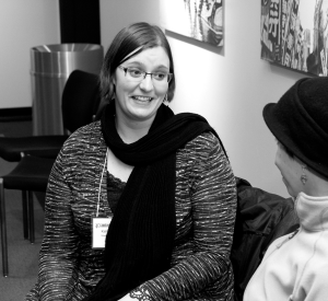 Kathryn Allan (l) chats with Jenée Wilde, then-CSWS development GTF, at the CSWS 40th Anniversary Celebration in Nov. 2013