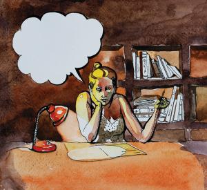A watercolor image of a blonde woman working at a desk in a dimly lit office, hunched over with a pen and paper, with a cartoon thought bubble coming from her to the left.