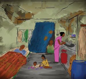 A drawing of the interior of an Indian home with a woman cooking, children playing, and family members resting.