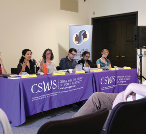 Left to right: Laila Lalami, Angela Joya, Miriam Gershow, Michael Najjar, Lamia Karim, and Liz Bohls, with creative writing professor Jason Brown watching from the audience.