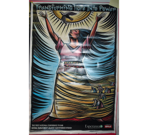 “The First National Conference to End Sexual Harassment against Farmworker Women," poster displayed on wall at the headquarters of PCUN, Oregon’s farmworker union, in Woodburn, Oregon.