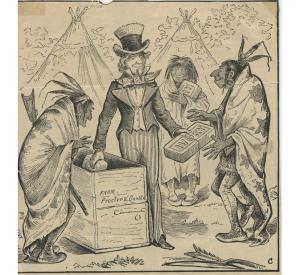 A historical advert depicting a male white settle selling soap to caricatures of Native American men.