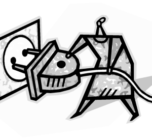 A graphic of a cartoon person pluggin in a giant electric wall plug