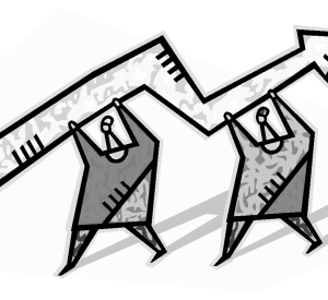 A graphic of two cartoon people holding up a zig-zagged arrow