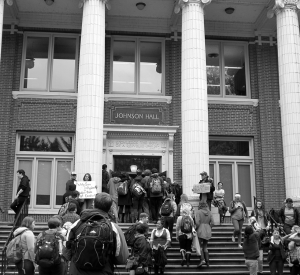 Students, faculty, and staff jammed the lobby of Johnson Hall and spilled onto the front steps to protest reporting on sexual assault allegations / May 2014.