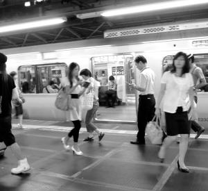 Evening on a train platform in Shinjuku Station, the world’s busiest terminal, used by an average of 3.64 million people a day.