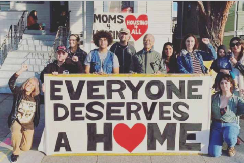 Oakland: Moms4Housing activists in front of the house they took over and eventually purchased / photo provided by. Claire Herbert.