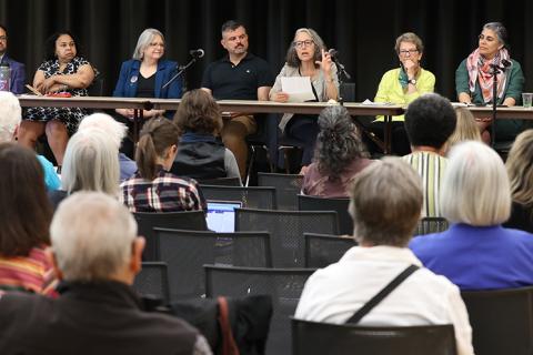 Pictured from left, panelists Sangita Gopal, Michael Hames Garcia, Michelle McKinley, Vickie DeRose, Ernesto Martinez, Ellen Herman, Margaret Hallock, Priscilla Ovalle, Tannaz Farsi, and Marilyn R. Farwell discuss what over time has shaped the identity of CSWS as a feminist research center.