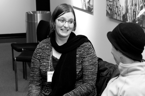 Kathryn Allan (l) chats with Jenée Wilde, then-CSWS development GTF, at the CSWS 40th Anniversary Celebration in Nov. 2013