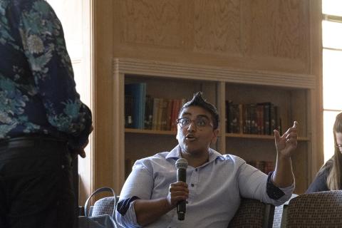V Chaudhry poses a question to speaker Chandan Reddy / photo by Amiran White, May 2019