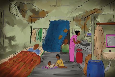 A drawing of the interior of an Indian home with a woman cooking, children playing, and family members resting.