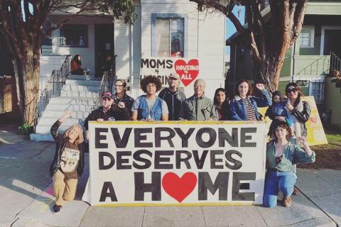 Oakland: Moms4Housing activists in front of the house they took over and eventually purchased / photo provided by. Claire Herbert.
