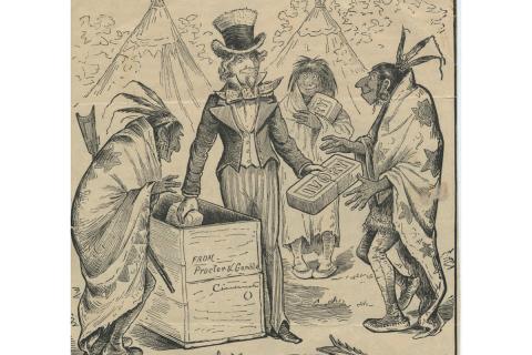 A historical advert depicting a male white settle selling soap to caricatures of Native American men.
