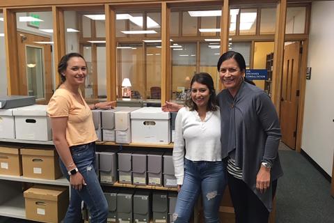 From left, Rachel McGill, Gabby Farland, and Dr. Yarris inside the University of Alaska archives at UAF-Fairbanks campus during their June, 2019 trip / photo provided by Kristin Yarris.