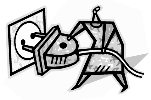 A graphic of a cartoon person pluggin in a giant electric wall plug