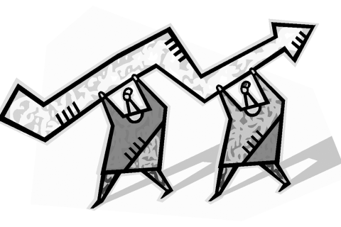 A graphic of two cartoon people holding up a zig-zagged arrow