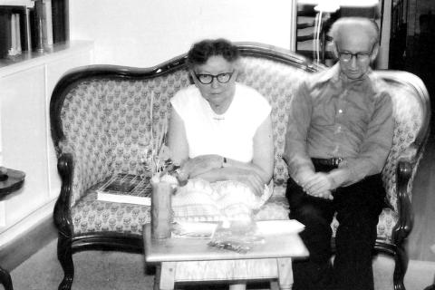 Madge and Val Lorwin watch a tea ceremony being performed in their living room, circa 1981 (photo courtesy of George Sheridan)