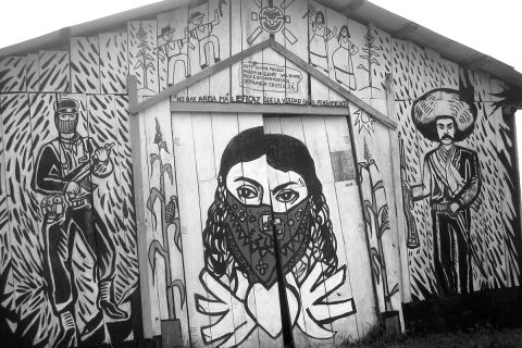 A mural adorns a meeting space in Zapatista territory