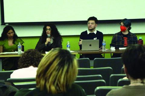 Panelists for the “Gender as Target” event were, from left, Anita Chari, Alison Gash, Kaito Campos de Novais, and Brennan Fitzgerald / photo by Cing Dim