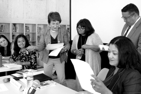 At a panel focused on Reyna Grande’s memoir, panelists included, from left: Kristin Yarris, Lidiana Soto, Lynn Stephen, Carmen Urbina, 4J superintendent Gustavo Balderas, and author Reyna Grande / photo by Alice Evans.