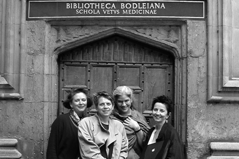 Bodleian Library, 2001—From left: Louise Bishop; Barbara Altmann, UO Professor of French, Romance Languages; Gina Psaki, UO Professor of Italian, Romance Languages; and Jan Emerson, Feminist Humanities Project staff member.