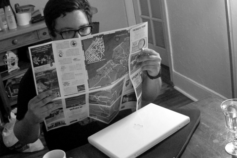 Miriam Abelson reviews maps of her route through the southeastern United States. Below right: A trip bonus proved to be delicious barbecue and country cooking.