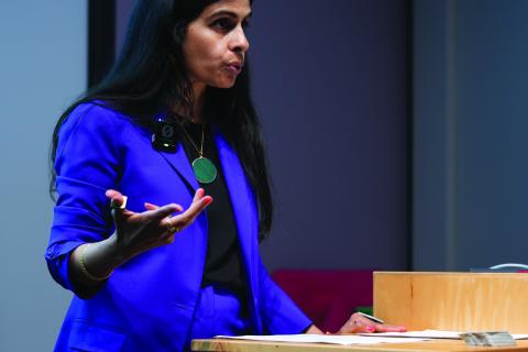 Durba Mitra speaking at the Acker-Morgen Lecture