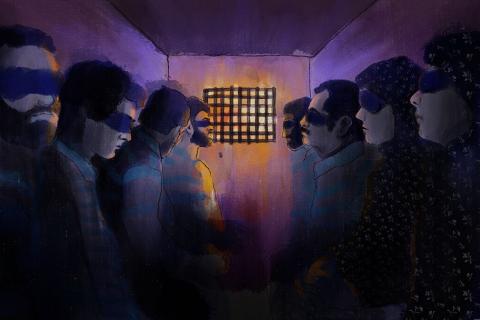 A still from the short film "That Night", showing art of people in a van blindfolded, sitting, waiting.