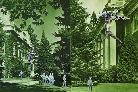 Dreamlike collage images from the multimodal dissertation of anthropology PhD candidate Kaito Campos de Novais are created from historic photographs of the administration buildings.