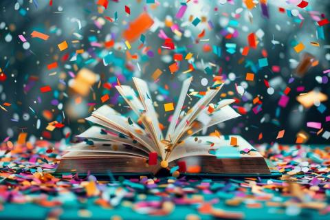 An open book surrounded by falling confetti.