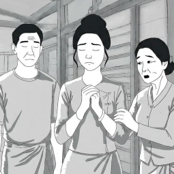 An still from an animated short showing a young Myanmar woman and her parents.