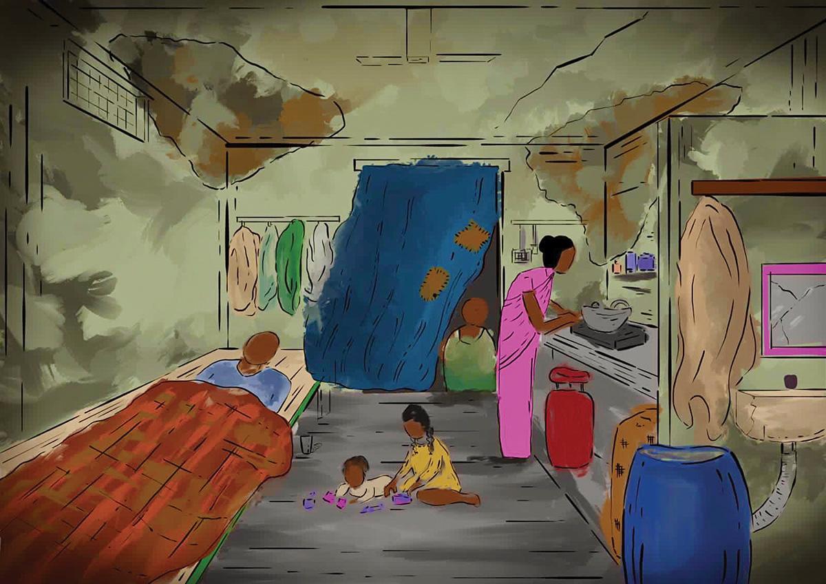 A drawing of the interior of an Indian home with a woman cooking, children playing, and family members resting.
