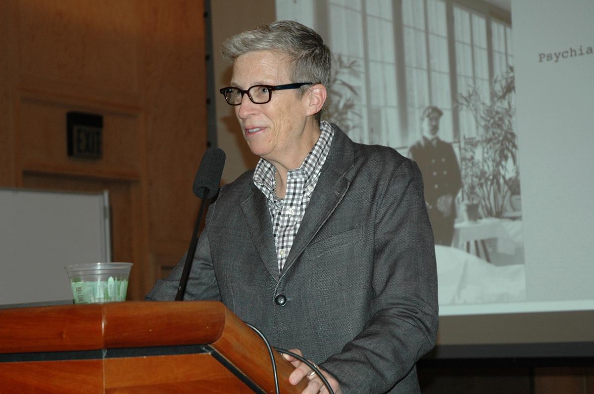 Princeton scholar Regina Kunzel talks about her research into the nearly lost psychoanalytical files from Saint Elizabeth’s Hospital. Historic slides taken during the mid-twentieth century added additional context to her talk / photo by Alice Evans.