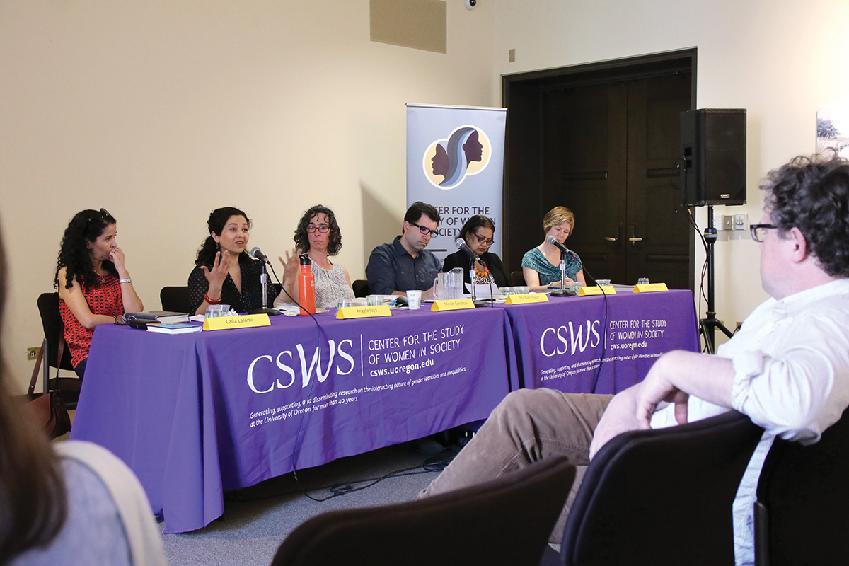 Left to right: Laila Lalami, Angela Joya, Miriam Gershow, Michael Najjar, Lamia Karim, and Liz Bohls, with creative writing professor Jason Brown watching from the audience.