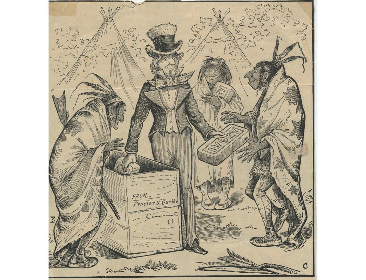 A historical advert depicting a male white settle selling soap to caricatures of Native American men.