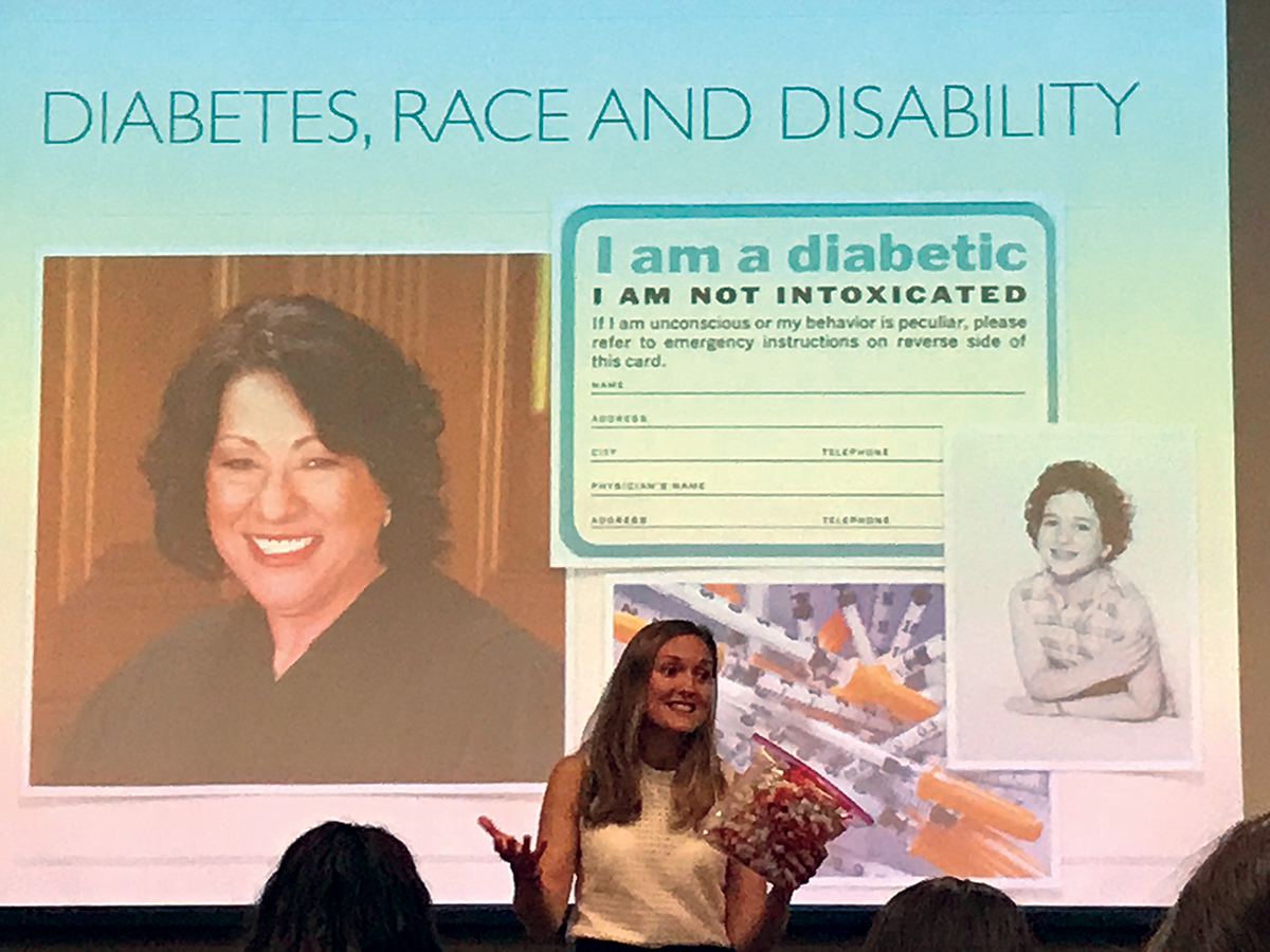 Katie and two disability rights advocates, Mexican immigrant mothers (not pictured), presented together, sharing personal stories and discussing how ethnicity and race influence experiences of disability, in a UO sociology class.