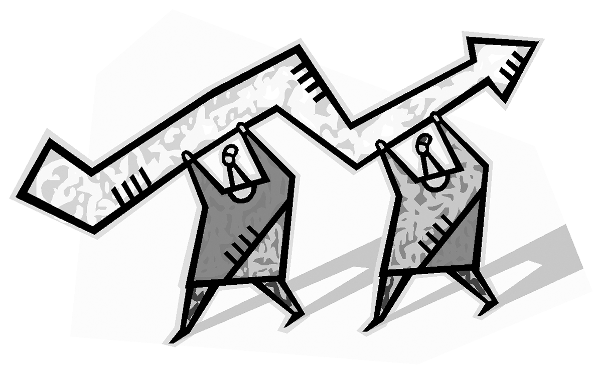 A graphic of two cartoon people holding up a zig-zagged arrow
