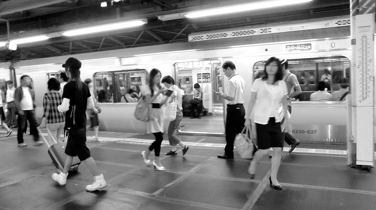 Evening on a train platform in Shinjuku Station, the world’s busiest terminal, used by an average of 3.64 million people a day.