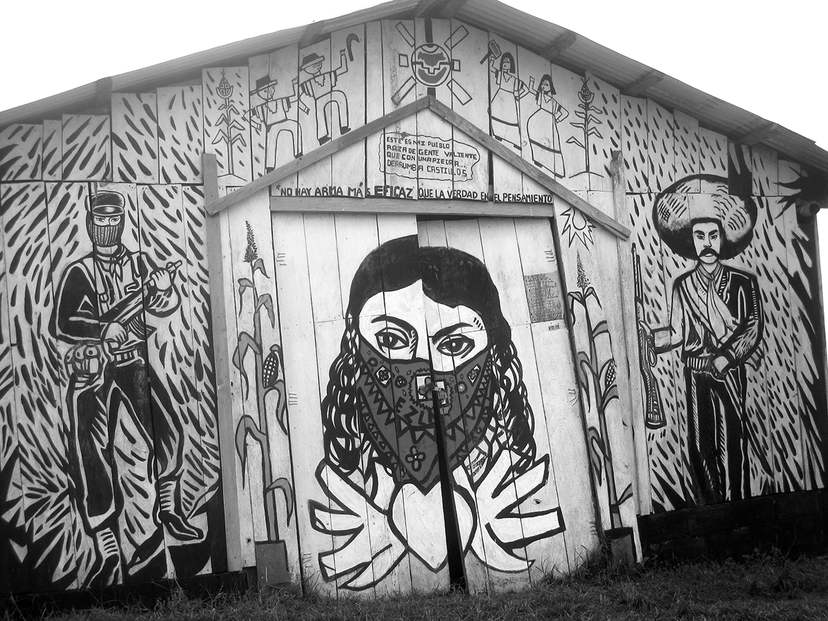 A mural adorns a meeting space in Zapatista territory