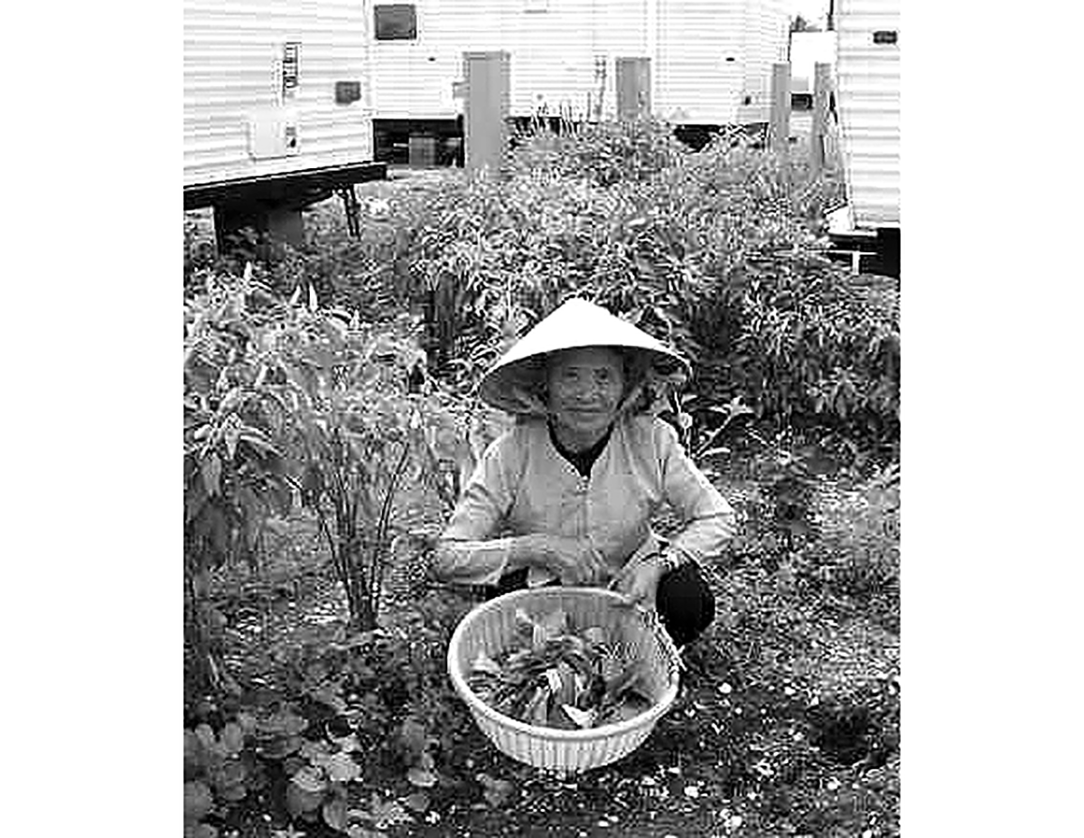 A Vietnamese woman works in her garden near her FEMA trailer.