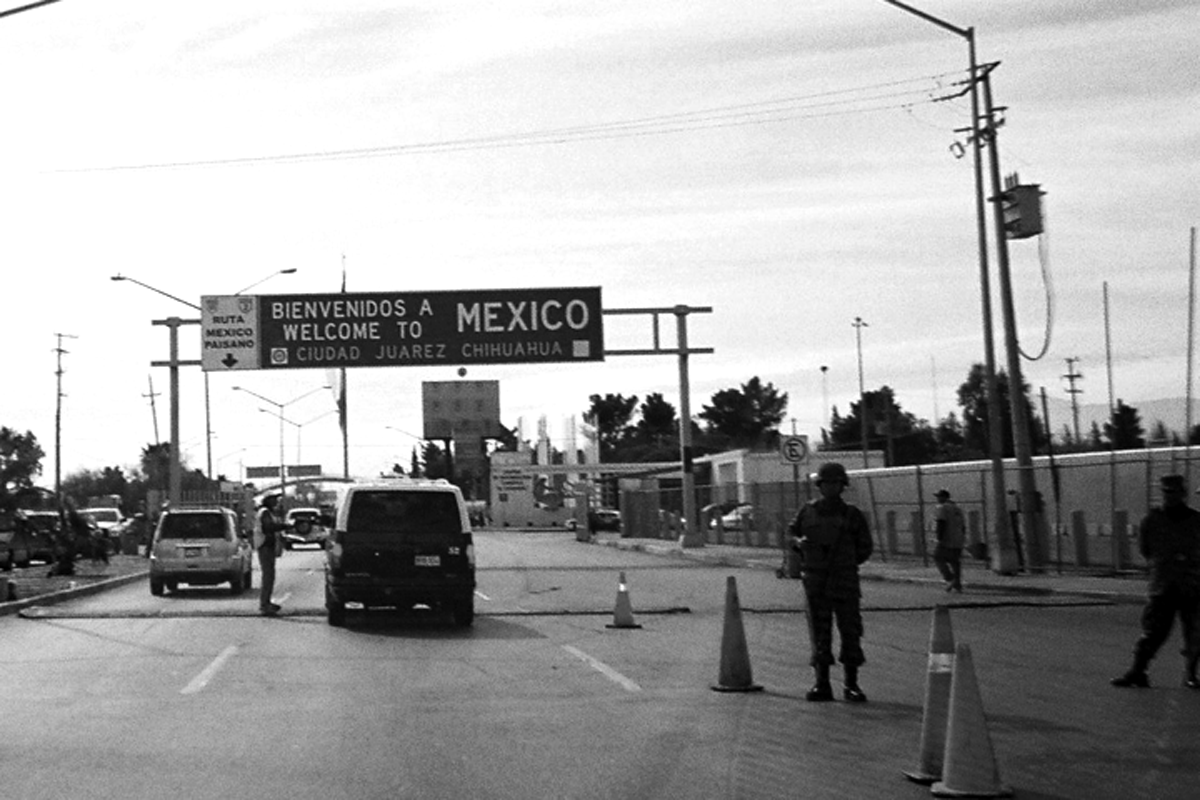 Above: View from Paso del Norte International Bridge, Juárez, Mexico.  Top left: Wall of Black Market bar, El Paso, Texas (photos by René Kladzyk).