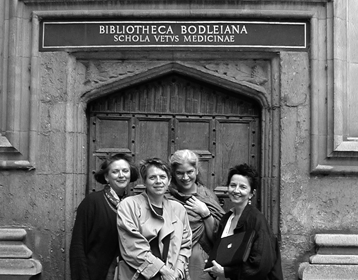 Bodleian Library, 2001—From left: Louise Bishop; Barbara Altmann, UO Professor of French, Romance Languages; Gina Psaki, UO Professor of Italian, Romance Languages; and Jan Emerson, Feminist Humanities Project staff member.