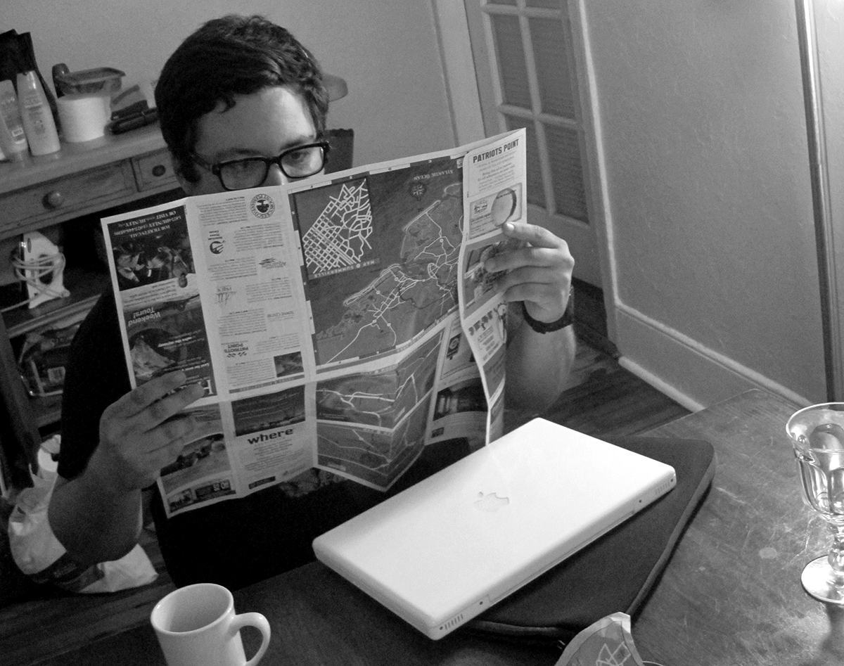 Miriam Abelson reviews maps of her route through the southeastern United States. Below right: A trip bonus proved to be delicious barbecue and country cooking.