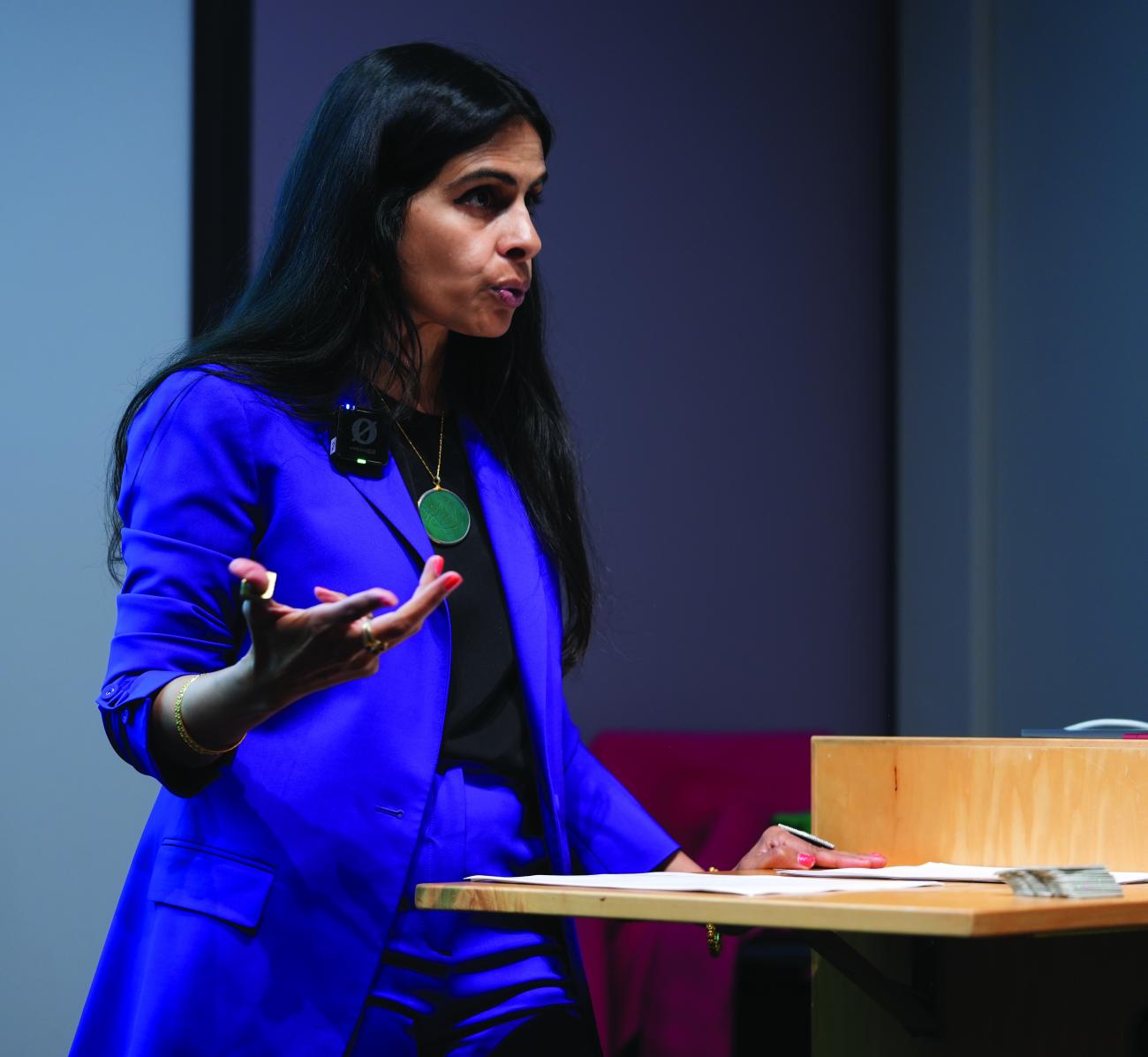 Durba Mitra speaking at the Acker-Morgen Lecture