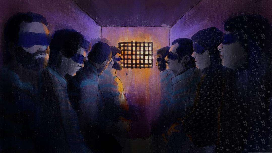 A still from the short film "That Night", showing art of people in a van blindfolded, sitting, waiting.