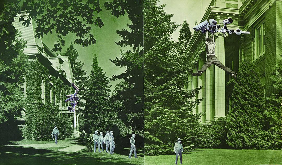 Dreamlike collage images from the multimodal dissertation of anthropology PhD candidate Kaito Campos de Novais are created from historic photographs of the administration buildings.
