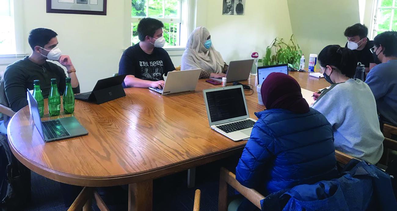 UO alumnus Baran Germen, pitured upper right, visited campus in May 2022 to discuss new media publics and social movements with Sangita Gopal’s graduate-level cinema studies class.