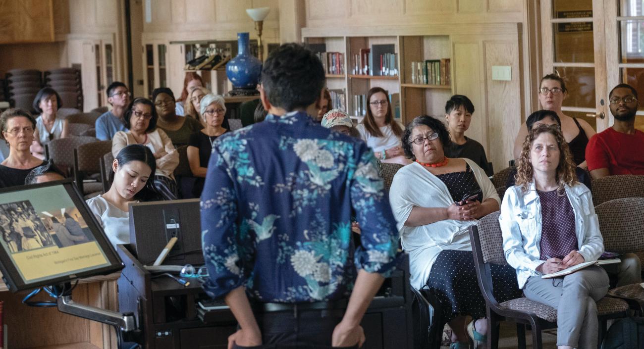 Chandan Reddy deliverered the Queer Studies Lecture at the Knight Library Browsing Room to a mixed audience of faculty, staff, and students.