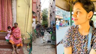 Images of urban slums and researcher Malvya Chintalkindi.